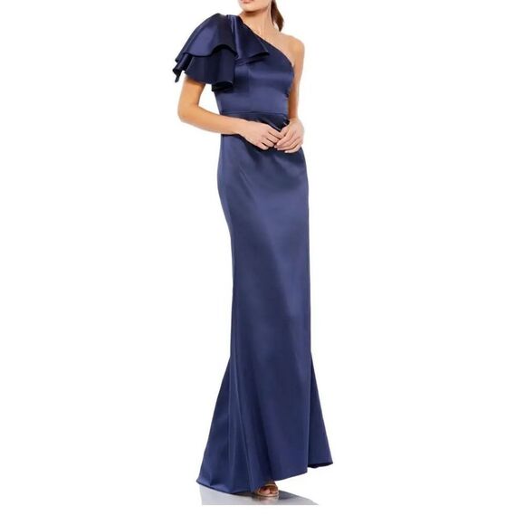 Mac Duggal Ruffle One-Shoulder Jersey Gown in Navy NWT Size 4 - Picture 3 of 10